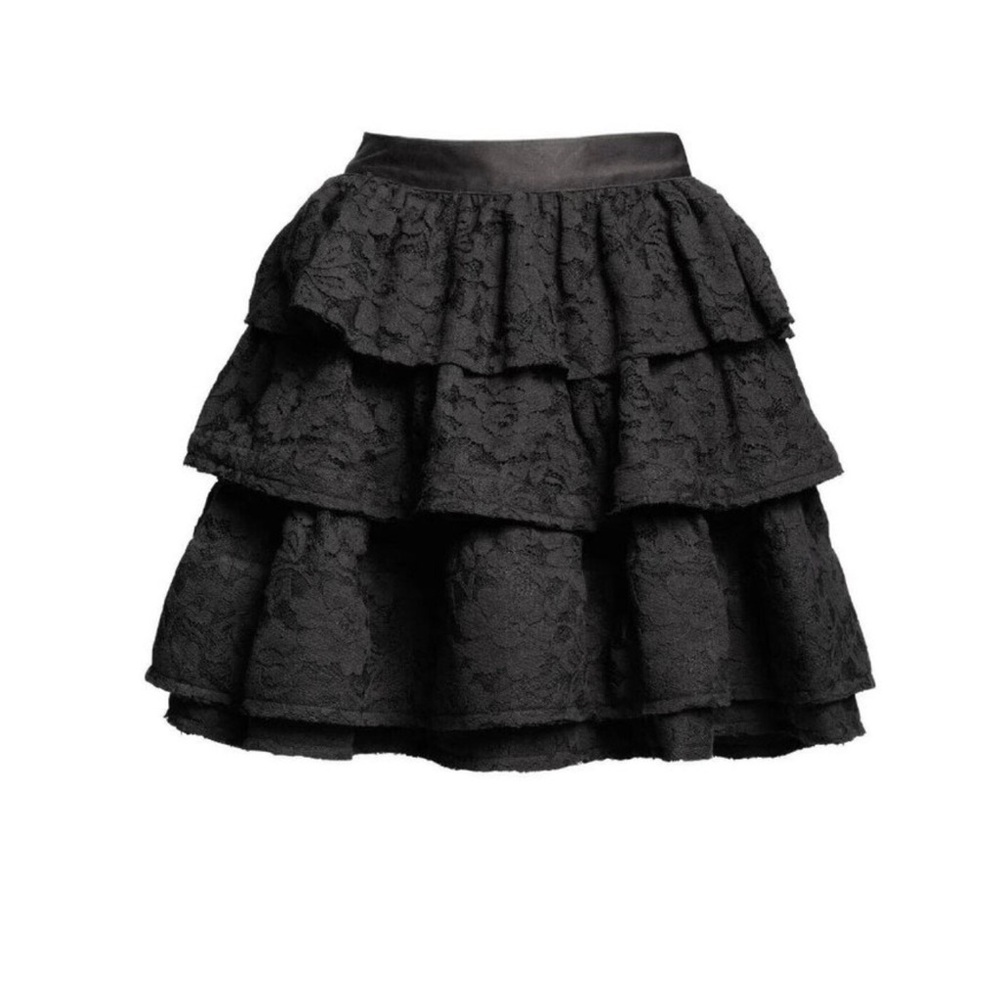 NWT LANVIN x H&M Black Cotton Lace Silk Organza Ruffle Tiered Mini Skirt, Size 8